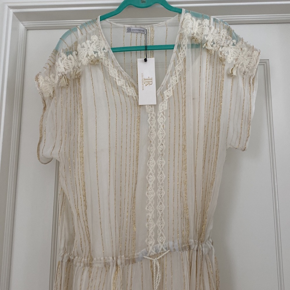 NWT Lisa Robertson Sheer White Boho Style MAXI Dress Size L w/gold threading - Picture 2 of 10